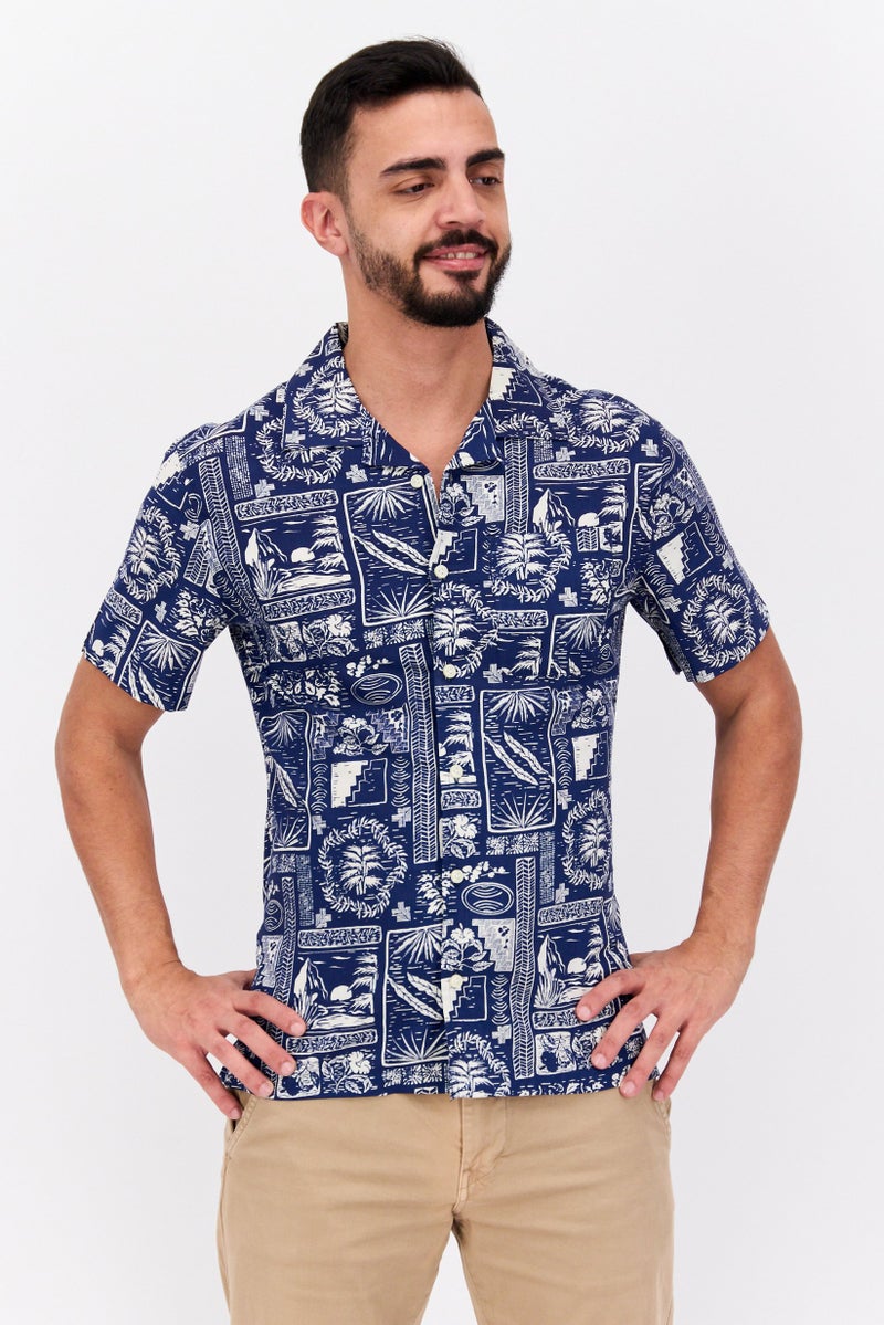 Jachs New York قميص رجالي بقصة عادية بأكمام قصيرة وطباعة شاملة، أزرق - Image 1